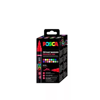 Posca filc készlet, Ecset hegyű, 1-4 mm vastag filcek, UNI Posca PC-5BR - 16 színű készlet
