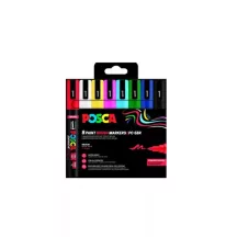   Posca filc készlet, Ecset hegyű, 1-4 mm vastag filcek, UNI Posca PC-5BR - 8 színű készlet (fekete, fehér, piros, rózsaszín, kék, világoskék, zöld, sárga)