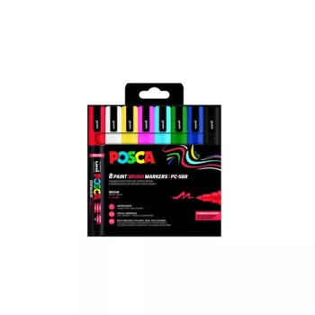 Posca filc készlet, Ecset hegyű, 1-4 mm vastag filcek, UNI Posca PC-5BR - 8 színű készlet (fekete, fehér, piros, rózsaszín, kék, világoskék, zöld, sárga)