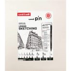Tűfilc készlet - UNI PIN Urban Sketching 9 db-os készlet, Útmutatóval - fekete és szürke tűfilcek