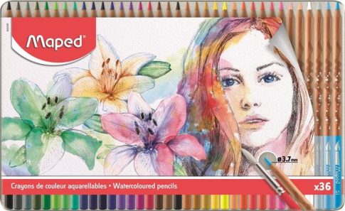 Akvarellceruza készlet ecsettel, fém dobozban - MAPED Artists - 36 színű készlet - Kifu...