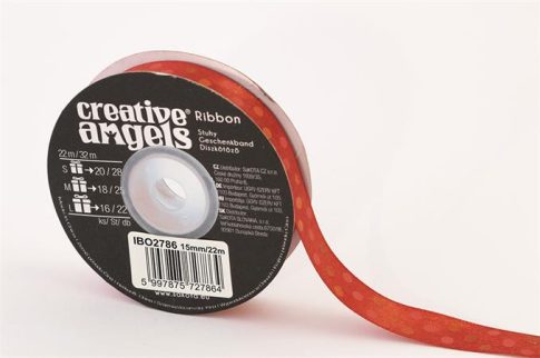 Szatén szalag, 15 mm x 22 m, piros vegyes pötty...