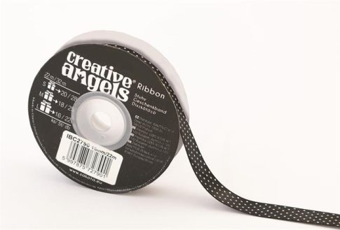 Szatén szalag, 15 mm x 22 m, fekete fehér pötty...