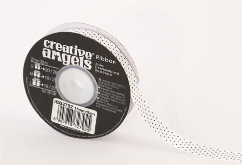 Szatén szalag, 15 mm x 22 m, fehér fekete pötty...