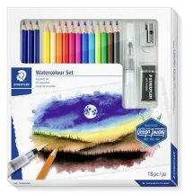  Akvarell ceruza készlet, ecsettel, radírral, hegyezővel, grafitceruzával, STAEDTLER® "146 10C", 12 különböző szín