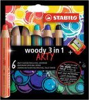 Színes ceruza készlet, kerek, vastag, STABILO "Woody ARTY 3 in 1", 6 különböző szín