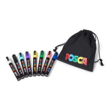 Dekormarker készlet, 1,8-2,5 mm, UNI "Posca PC-5M", 8 különböző szín, tartóval