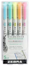   Szövegkiemelő készlet, 1,4/4,0 mm, kétvégű, ZEBRA "Mildliner Fluorescent", 5 szín