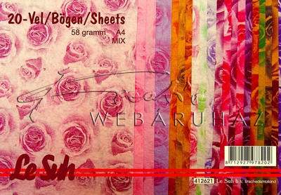 Selyempapír - Rózsa mintás, gyűrött, 20 színű csomag, 58gr., A4