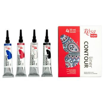 Univerzális Kontúrozó készlet fémtubusban, 4 színű - Rósa Talent - Piros, kék, fekete és fehér