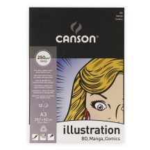   CANSON "Illustration" fehér, síma rajzpapír ilusztrációhoz & Manga, tömb rövid old. rag. (tus, tinta, filctoll, ceruza, stb..) 250g/m2 12 ív A3