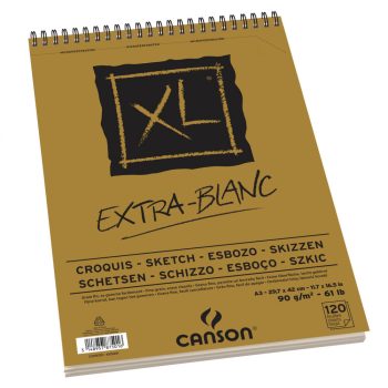 CANSON XL EXTRA BLANC, extra fehér, savmentes, skiccpapír-tömb, rövid oldalán spirálkötött, mikroperforált 90g/m2 120 ív A3 /Néhány papírlap enyhén sérült/