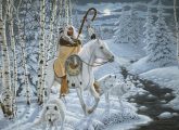 Kifestő készlet számokkal, ecsettel,  30x40 cm - Indián fehér lovon téli tájban