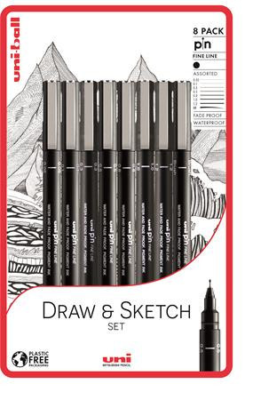 Rajzmarker készlet, UNI PIN "Draw and Sketch", 8 különböző vonalvastagság, fekete - Kifutó termék
