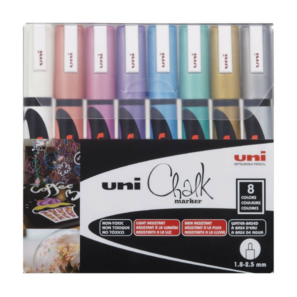 Krétafilc készlet - Uni Chalk folyékony kréta - Metál színek, 8 db
