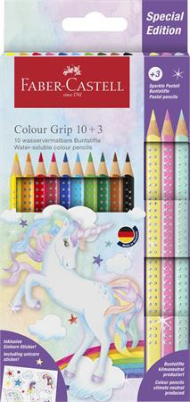 Színes ceruza készlet, háromszögletű, FABER-CASTELL "Grip", 13 különböző szín, unikornis