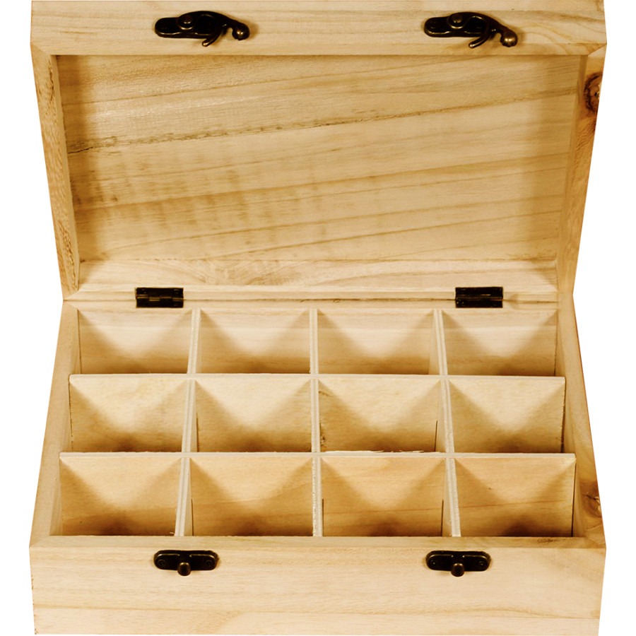 Díszíthető fa doboz, kapcsos, 12 nagyméretű rekesszel - 22 x 19 x 7 cm, teafiltertartó